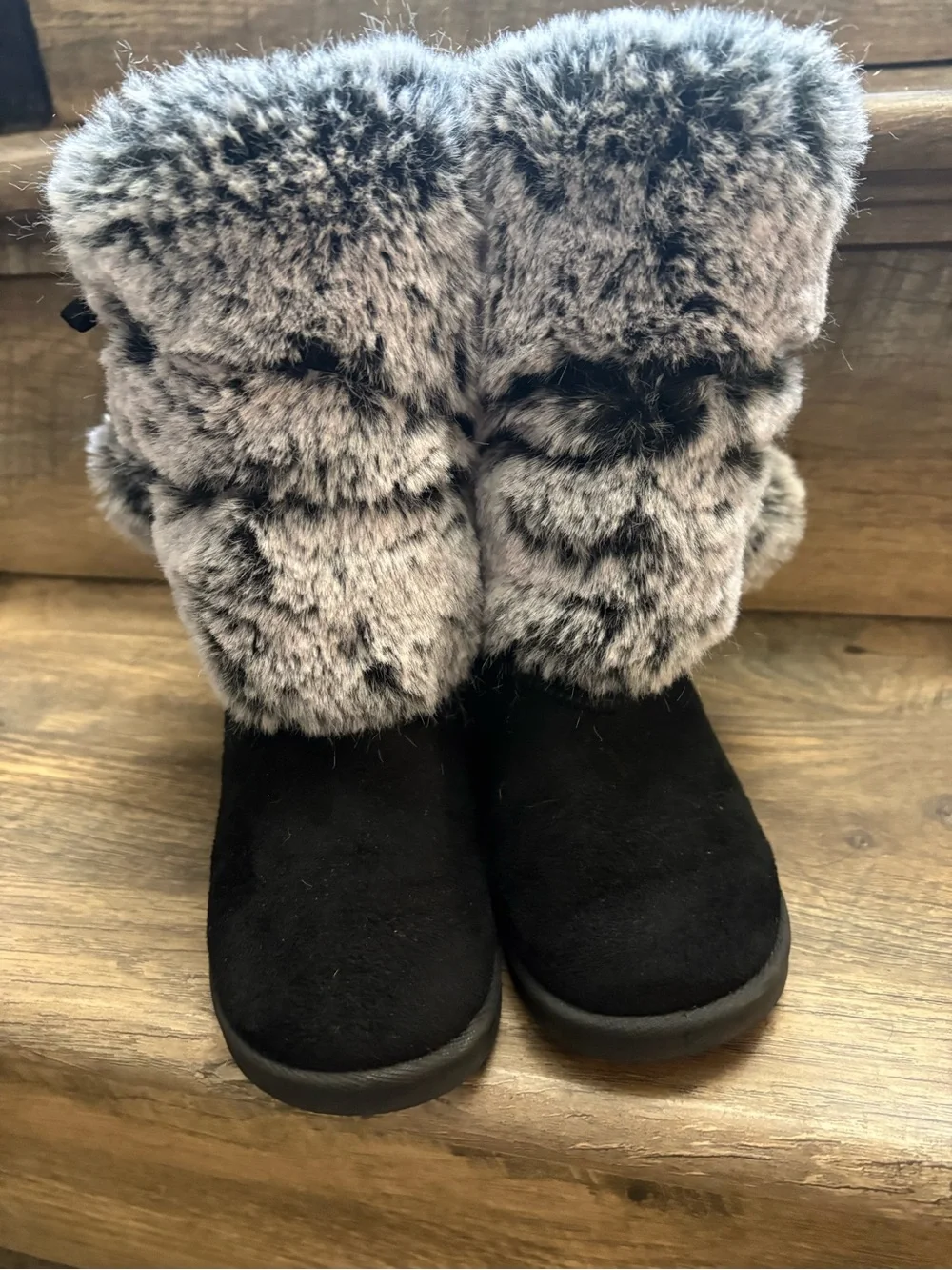 Girls' Black Boots with Gray Faux Fur Cuff and Pom-Poms